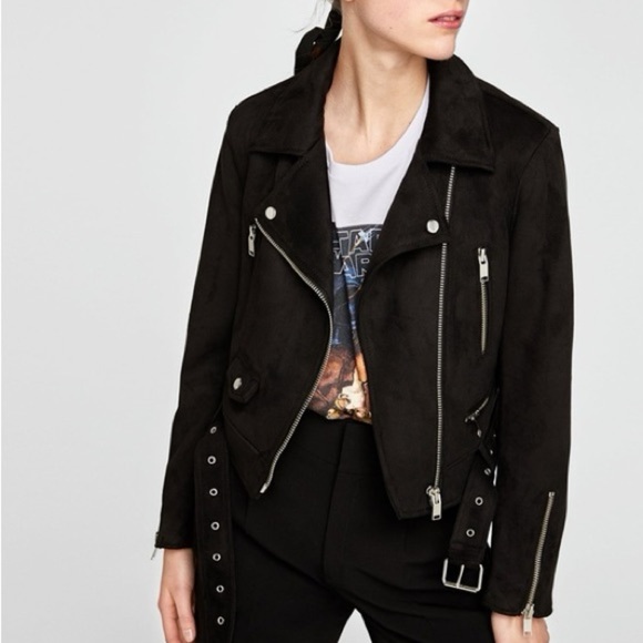 ZARA Black Faux Suede Leather Biker Moto Zip Up Jacket XL - Picture 1 of 7